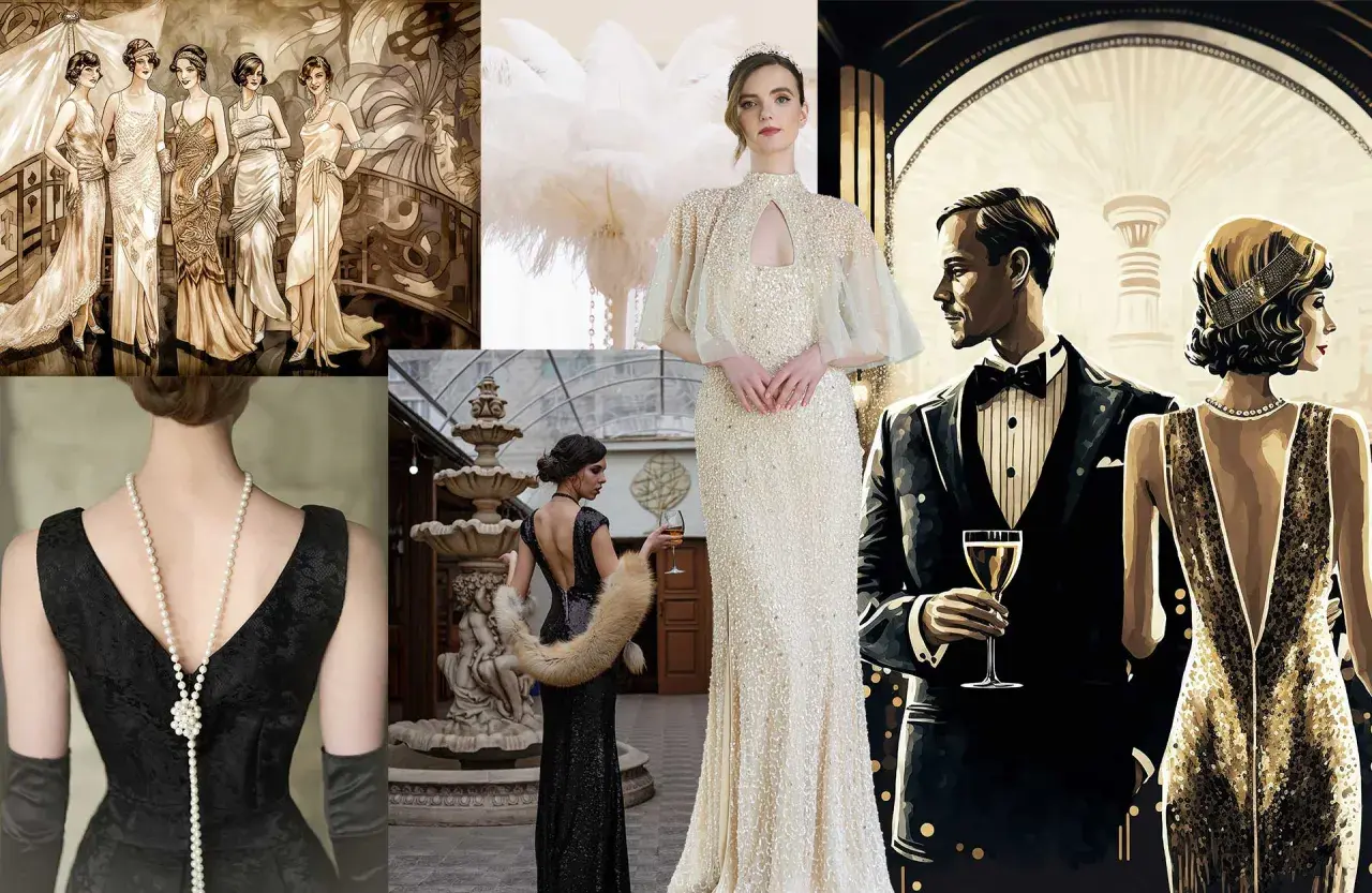 Elegant damer och herrar i 1920-tals kläder, med pärlhalsband, paljettklänningar och flugor. En tidlös stil som andas glamour.