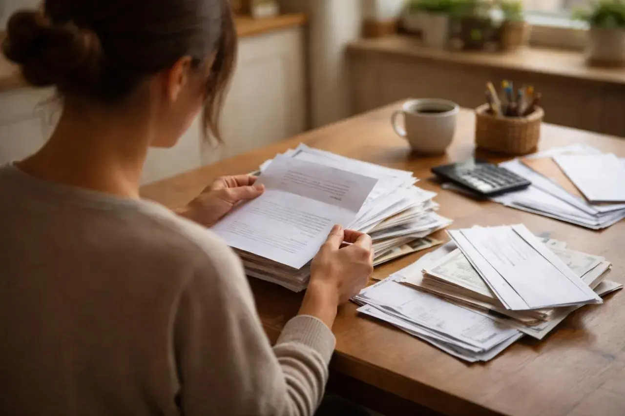 Une femme examine des documents, peut-être des factures ou des relevés, sur une table en bois. Une pile de papiers, une calculatrice et une tasse de café sont visibles. Elle semble préoccupée par la situation financière, craignant un possible forclos.