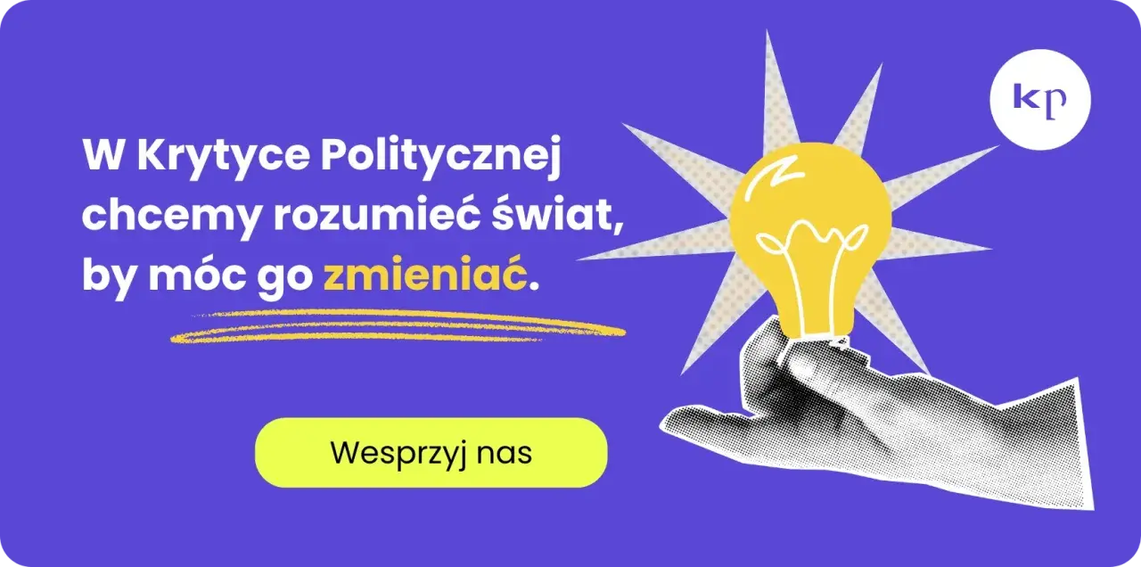Dłoń trzymająca żarówkę symbolizującą pomysł, na fioletowym tle z tekstem.