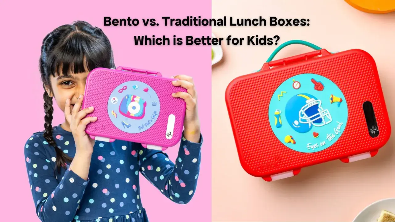 A girl holds a pink bento box with camera graphics. A red lunch box with a football helmet is beside it. Bento vs. lunch box comparison.