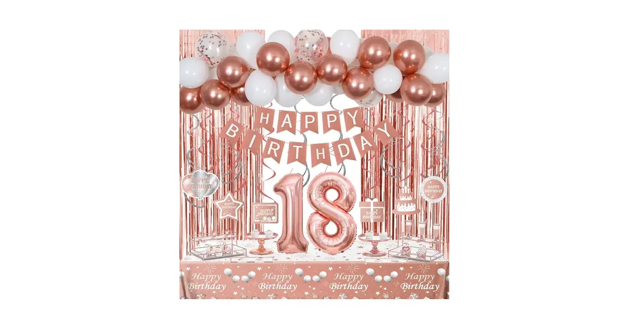 Decoración para una celebración de 18 cumpleaños con globos, guirnaldas y un mantel rosa dorado.
