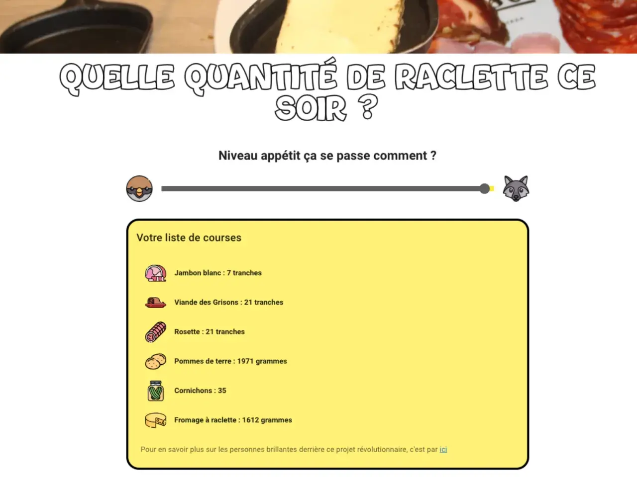 Liste de courses pour une raclette pour 15 personnes : jambon, viande, rosette, pommes de terre, cornichons et 1,6kg de fromage.