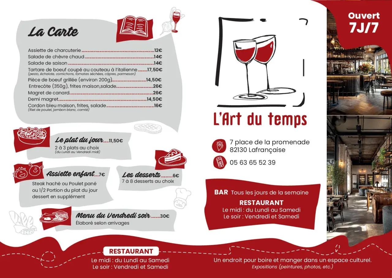 Voici comment présenter un menu : une carte avec des plats comme le magret de canard, le tartare de bœuf, et des formules comme le plat du jour ou le menu du vendredi soir.