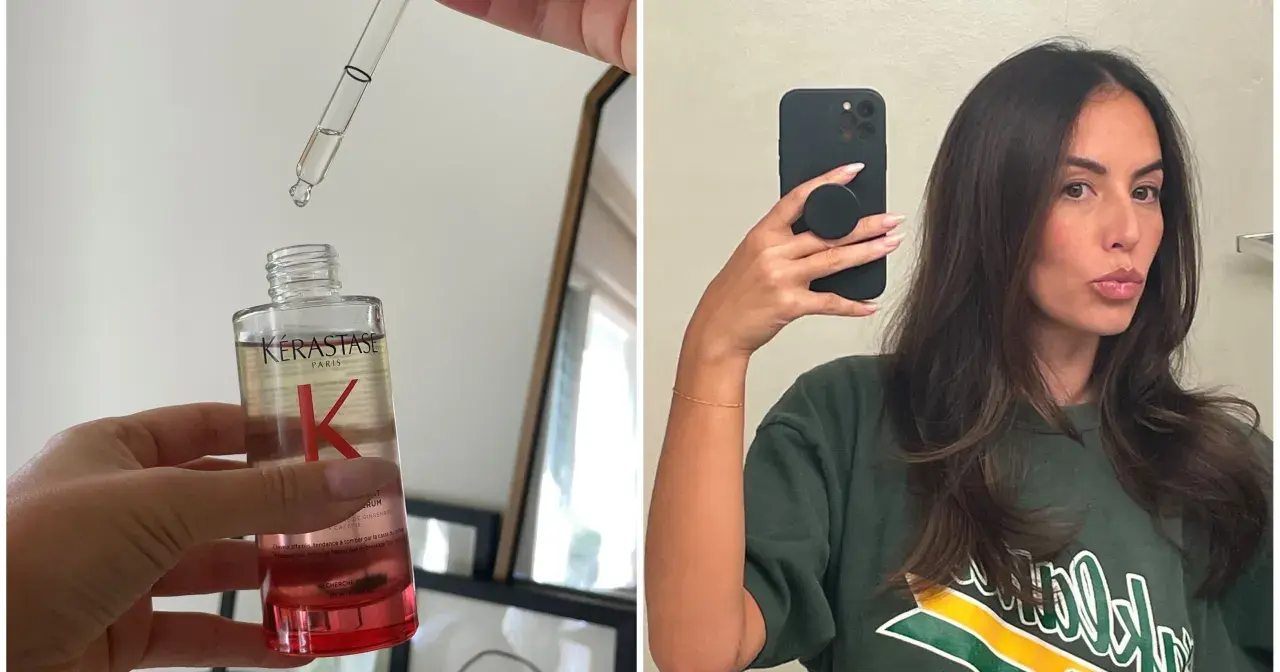 Duda sobre Kerastase opiniones negativas. Una mano sostiene un frasco de serum capilar Kérastase, mientras otra se toma un selfie con cabello largo y oscuro.