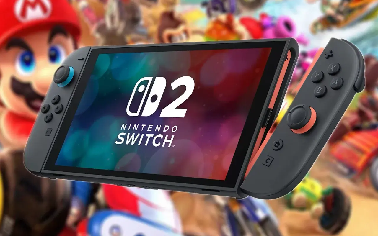 Nintendo Switch z logo "2" i Mario w tle. Idealne gry na Nintendo Switch 2 dla całej rodziny.