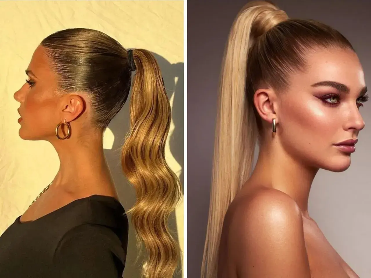 Coleta alta invitada boda: dos estilos pulidos y elegantes, uno con ondas suaves y otro liso y brillante.