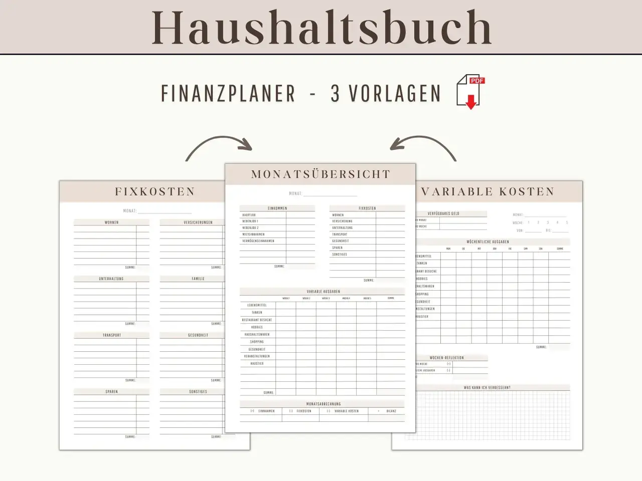 Ein Haushaltsbuch mit Vorlagen für Fixkosten, variable Ausgaben und Monatsübersicht. Hilft bei der Finanzplanung.