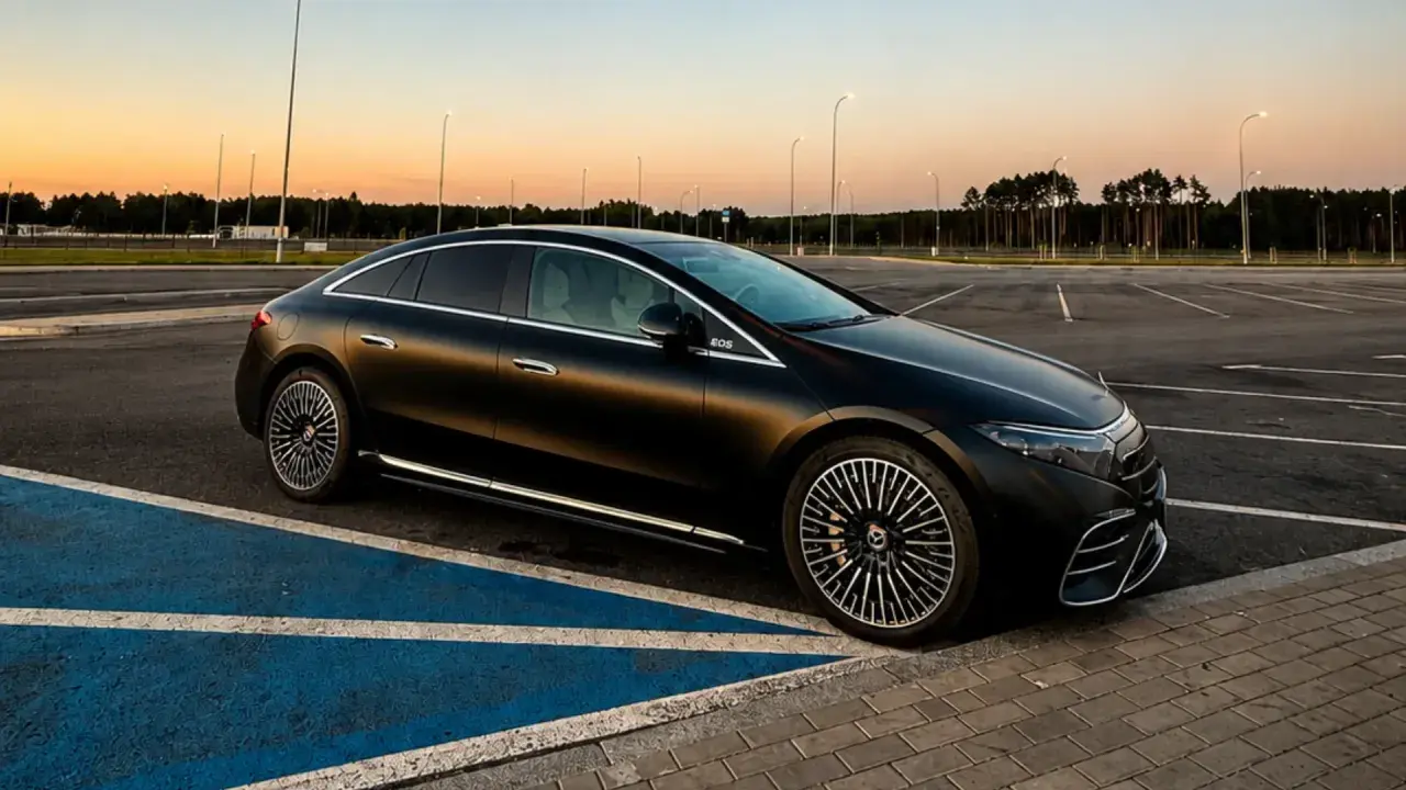 Elegancki, czarny Mercedes EQS na pustym parkingu o zachodzie słońca. Luksusowa limuzyna elektryczna prezentuje swoje aerodynamiczne linie.