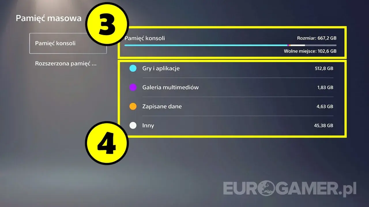 Menu PS5: Pamięć konsoli, gdzie znajdziesz informacje o tym, jak odinstalować grę na PS5, ile miejsca zajmują gry i aplikacje.