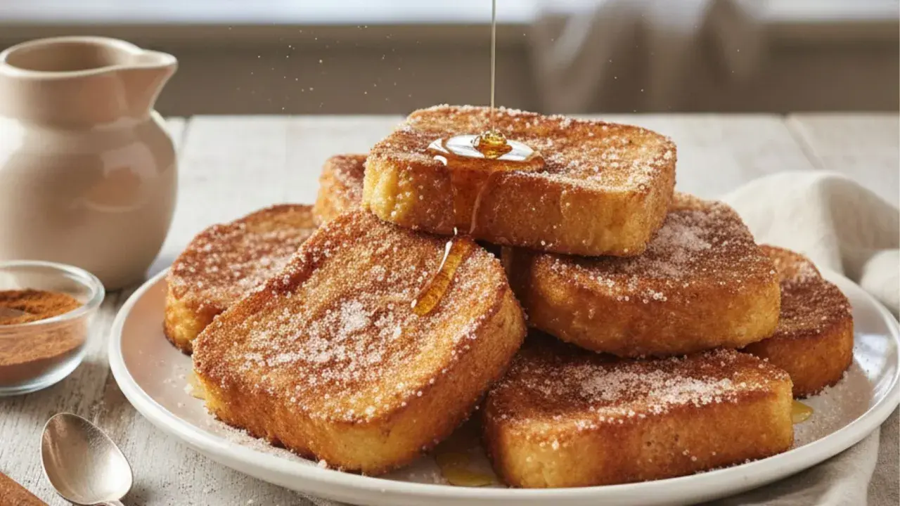 Torrijas de leche doradas y crujientes, espolvoreadas con azúcar y canela, con un hilo de miel cayendo sobre ellas.