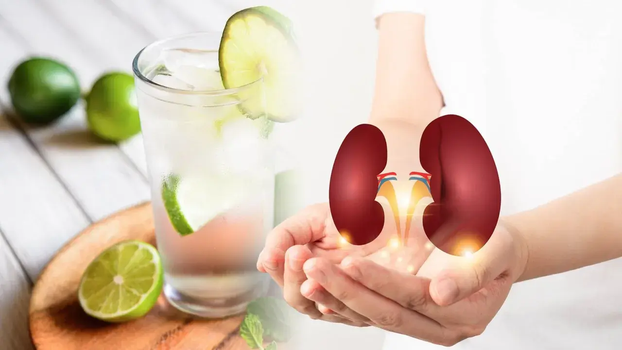 Vaso de agua con limón y rodajas, junto a manos que sostienen riñones. Considera las contraindicaciones del agua con limón.