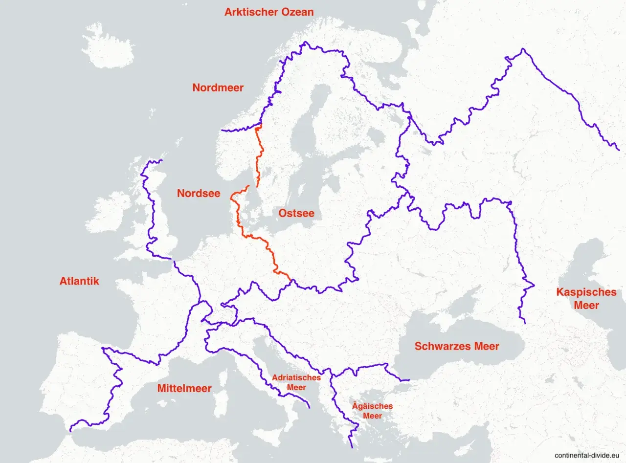 Karte Europas mit Wasserscheiden. Die rote Linie zeigt, wo sich Nord- und Ostsee treffen, und verbindet sie mit dem Schwarzen Meer.
