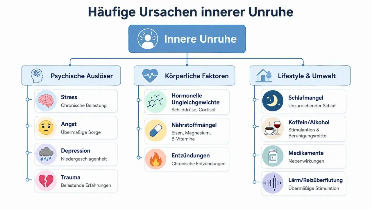 Ursachen für innere Unruhe: psychische Auslöser (Stress, Angst, Depression, Trauma), körperliche Faktoren (Hormone, Nährstoffe, Entzündungen) und Lifestyle (Schlaf, Koffein, Medikamente, Lärm).