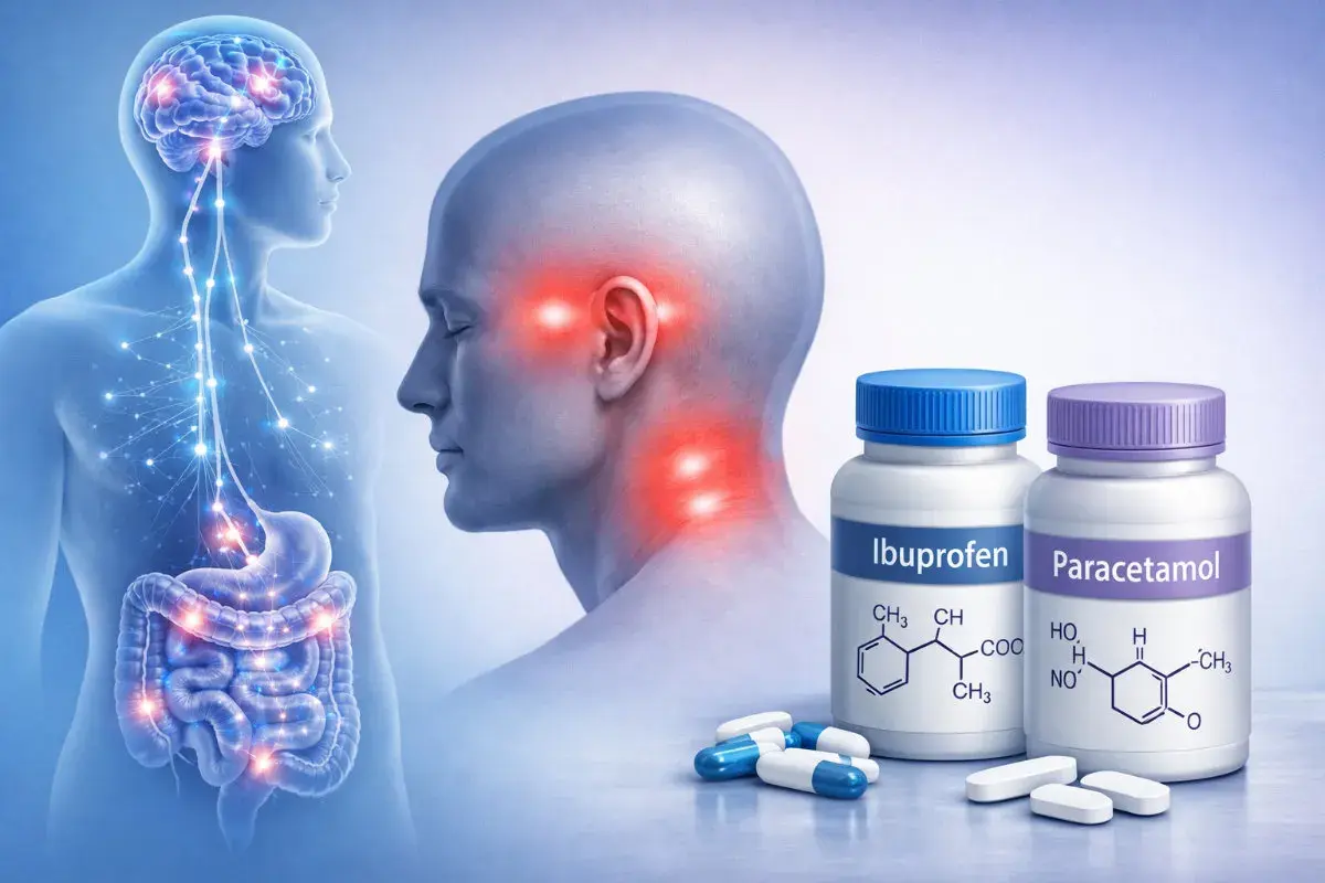 Cerebro y sistema nervioso con puntos de dolor en cabeza y cuello. Botellas de ibuprofeno o paracetamol para el dolor de cabeza.