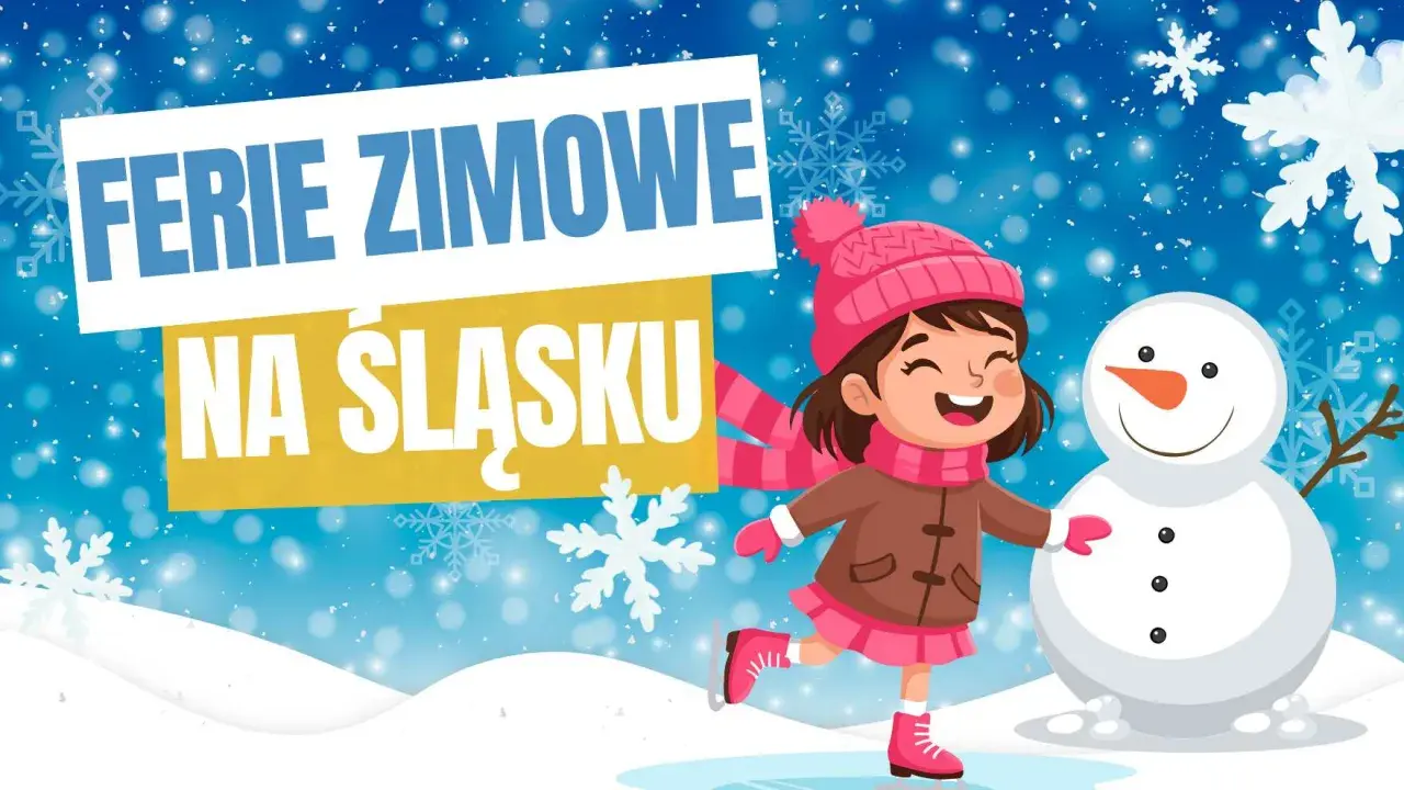 Radosna dziewczynka w czapce i szaliku cieszy się zimą na lodowisku. Napis "FERIE ZIMOWE NA ŚLĄSKU" zaprasza do zabawy.