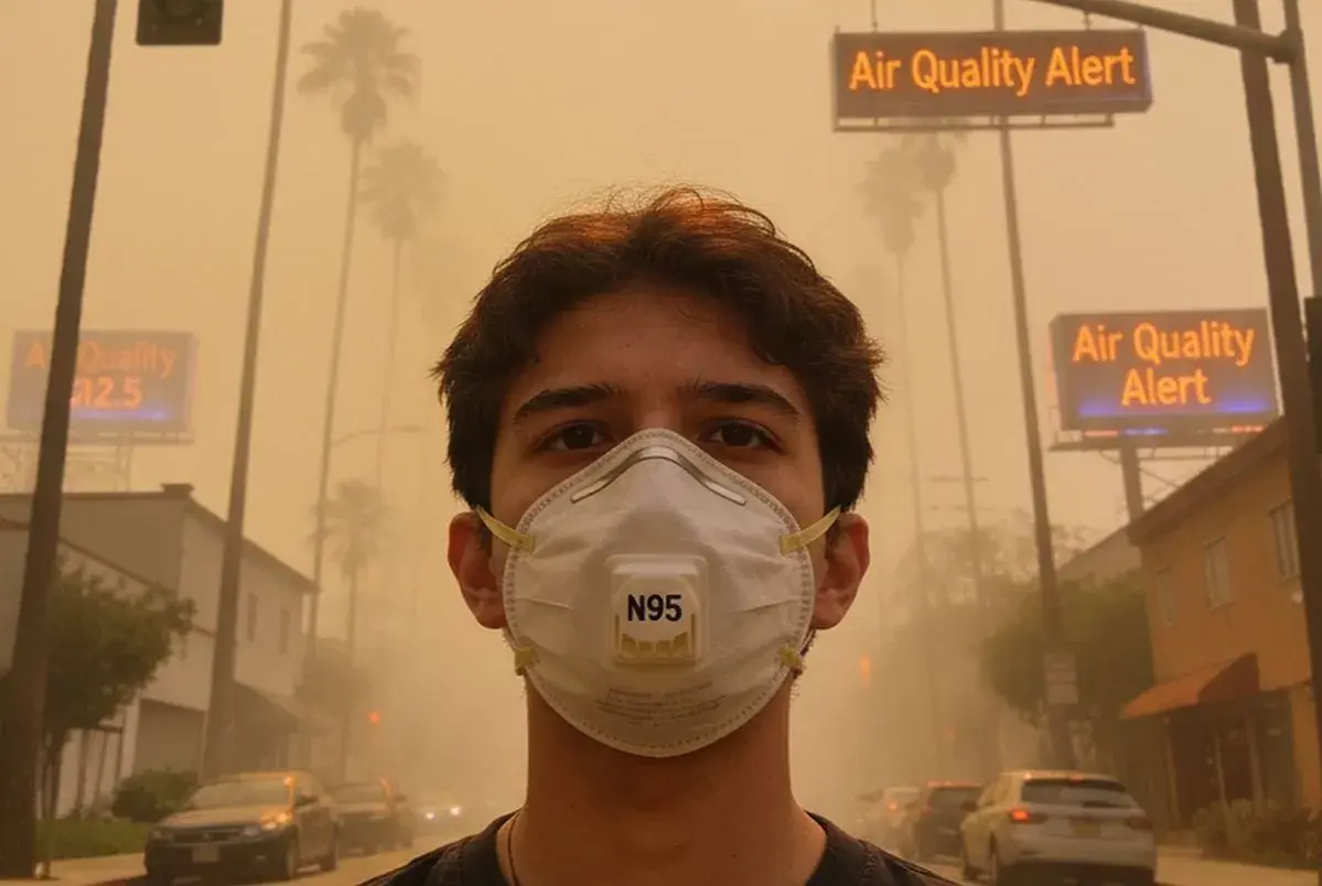 Joven con mascarilla N95 en día de alerta de calidad del aire. El **pm2.5 que es** un contaminante peligroso, se ve en el aire denso.