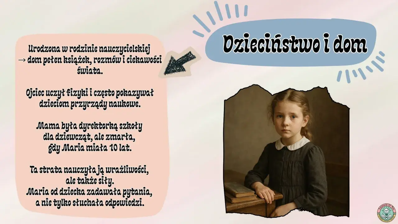 Portret młodej Marii Skłodowskiej w ciemnej sukience, siedzącej przy biurku z książkami.