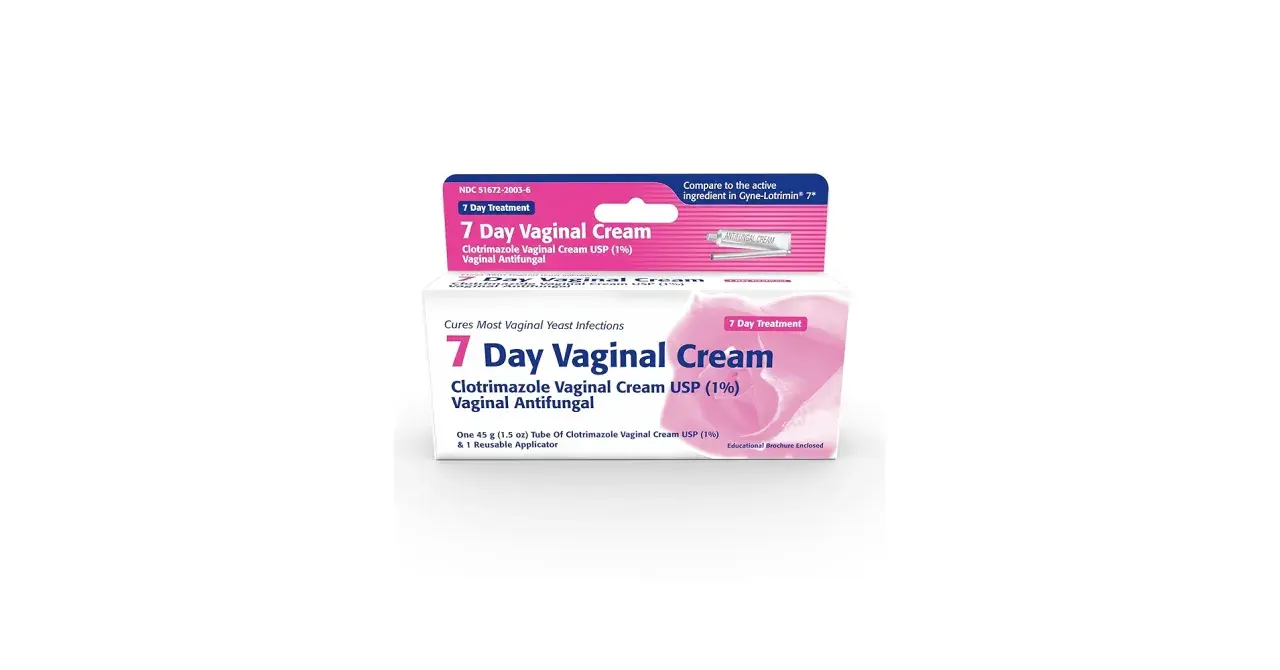 Opakowanie kremu dopochwowego Clotrimazole Vaginal Cream USP (1%) na 7 dni leczenia, z aplikatorem. Skuteczny w walce z infekcjami intymnymi.