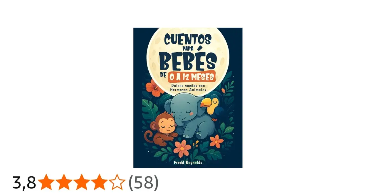 Ilustración de cuentos para bebés de 0 a 12 meses, con un elefante, mono y pájaro durmiendo.