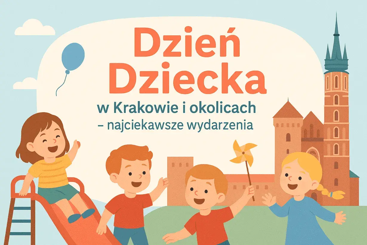 Radosne dzieci bawią się na zjeżdżalni i z wiatraczkiem. Zapowiedź wydarzeń dla dzieci Kraków.