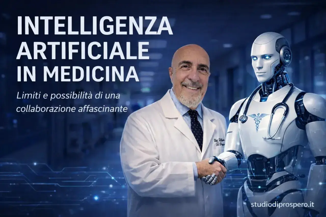 Un medico stringe la mano a un robot, simboleggiando l'intelligenza artificiale e medicina. Un futuro di collaborazione affascinante.