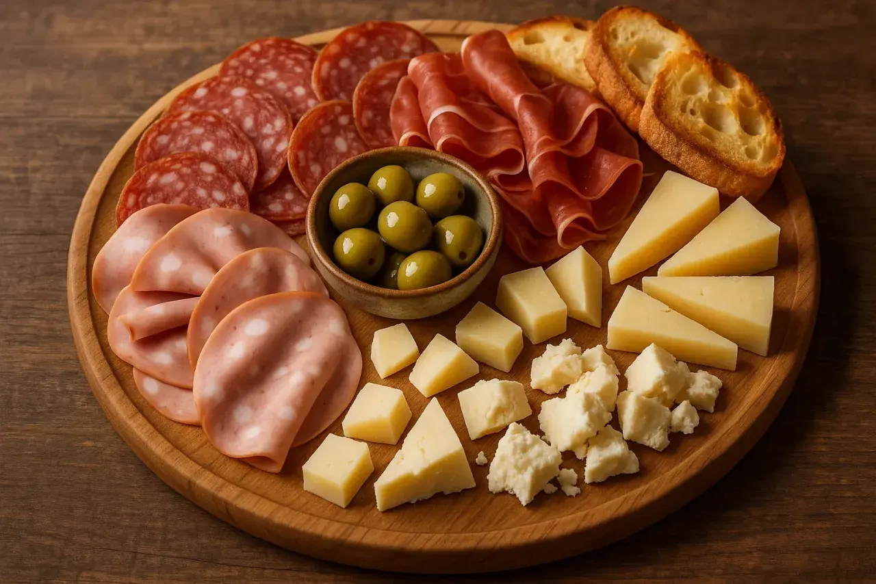 Un invitante tagliere salumi e formaggi con salame, prosciutto, mortadella, olive, formaggi misti e crostini.
