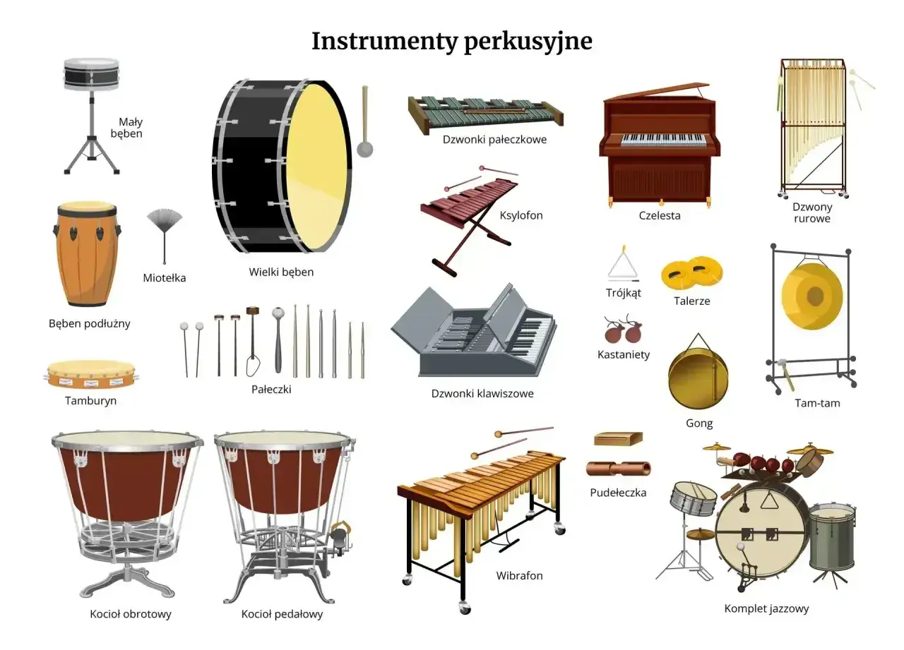 Ilustracja przedstawia różnorodne instrumenty perkusyjne: bębny, ksylofon, dzwonki, fortepian, gong, tam-tam, wibrafon i komplet jazzowy.