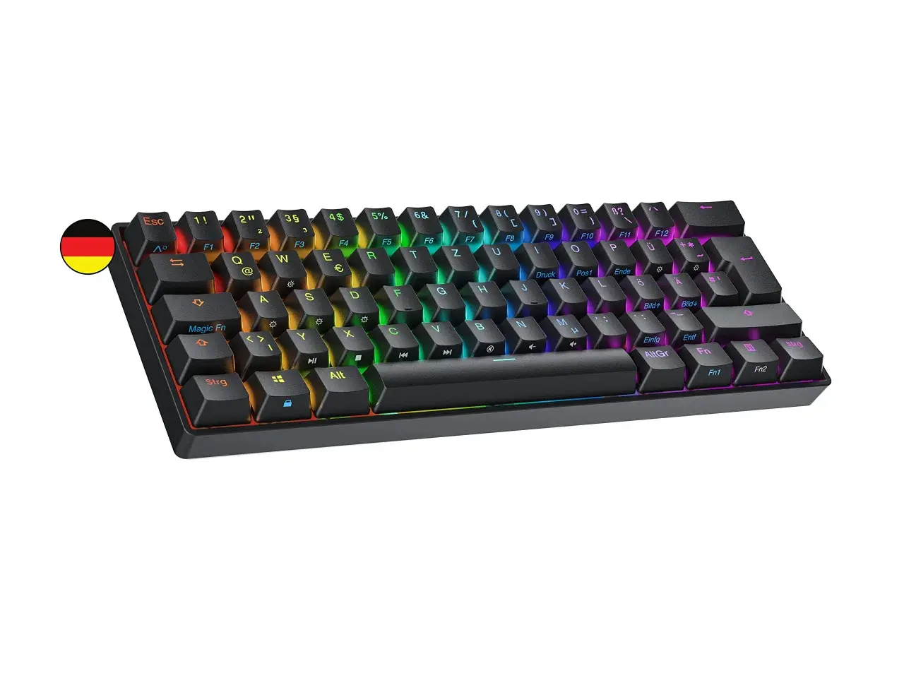 Kompakte deutsche 60%-Tastatur mit RGB-Beleuchtung. Sie hat 61 Tasten, ideal für platzsparende Setups.