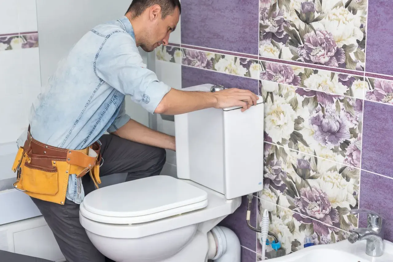 Instalator w pasie z narzędziami montuje biały stelaż podtynkowy do toalety. Łazienka ozdobiona jest fioletowymi płytkami z kwiatowym wzorem.