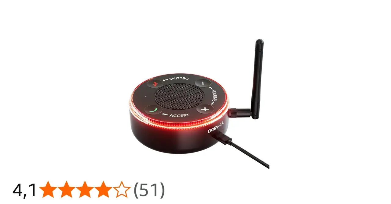 Runder Klingelverstärker für schwerhörige mit Tasten für Anrufannahme, Ablehnung und Lautstärke. Mit Antenne und roter LED-Beleuchtung.