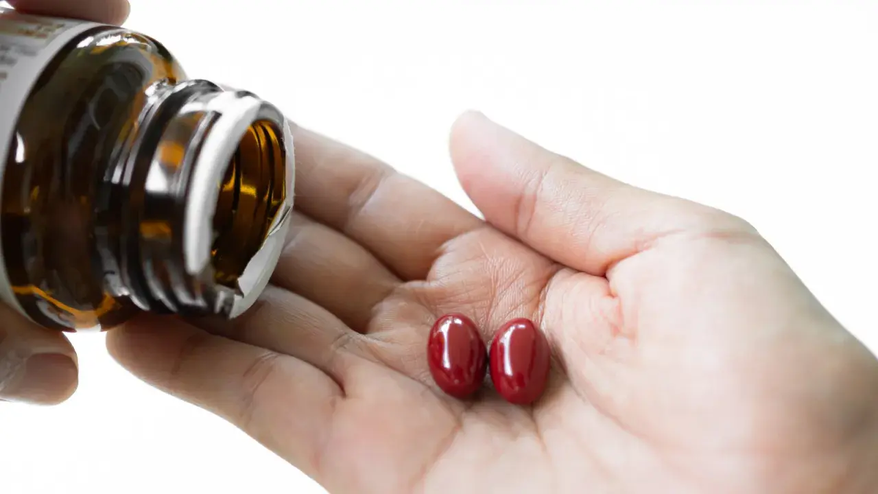 Zwei rote Kapseln liegen in einer Hand, während eine braune Flasche entleert wird. Fragen zur Sicherheit von Astaxanthin krebserregend bleiben offen.