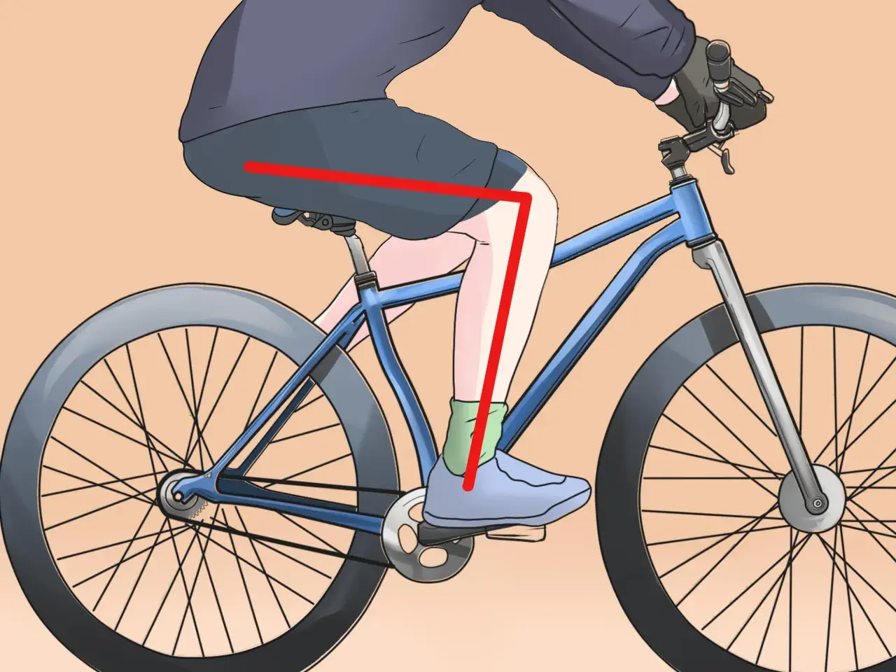 Posizione corretta per evitare il mal di schiena lombare in bicicletta: gamba leggermente piegata, schiena dritta.