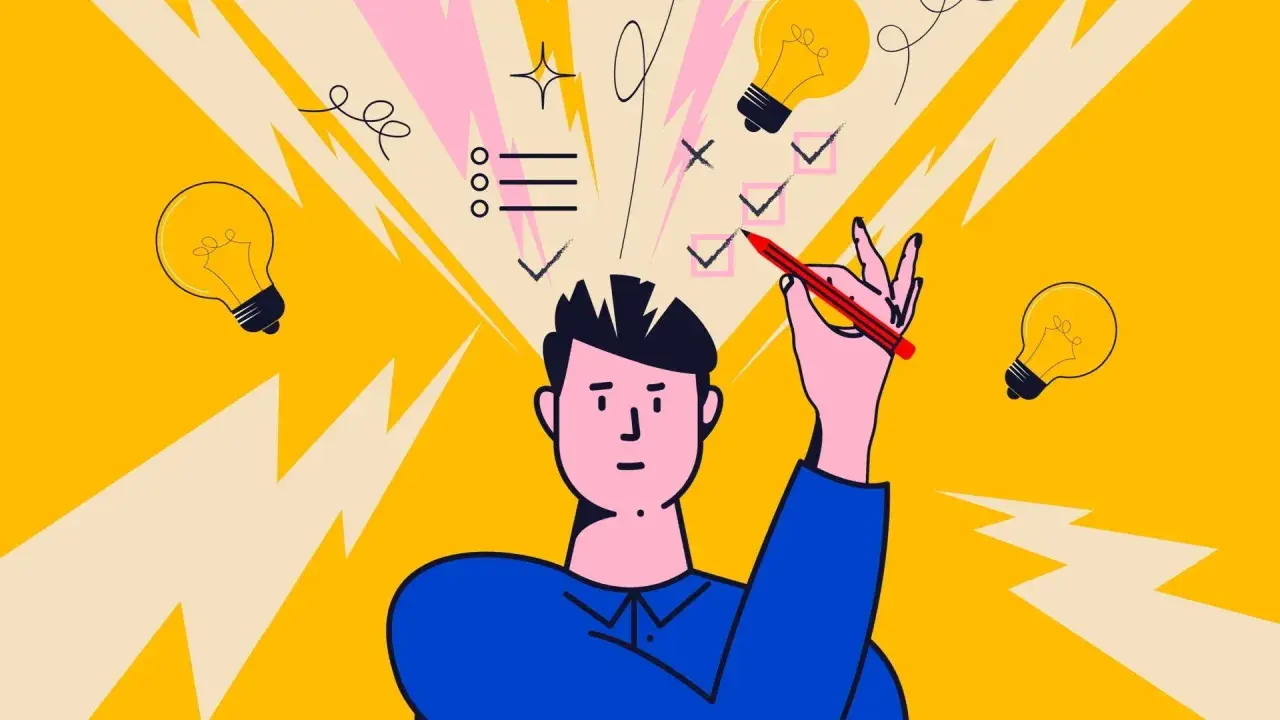 Un uomo con una matita rossa esercita il suo pensiero critico, segnando idee e spuntando compiti tra lampadine luminose.