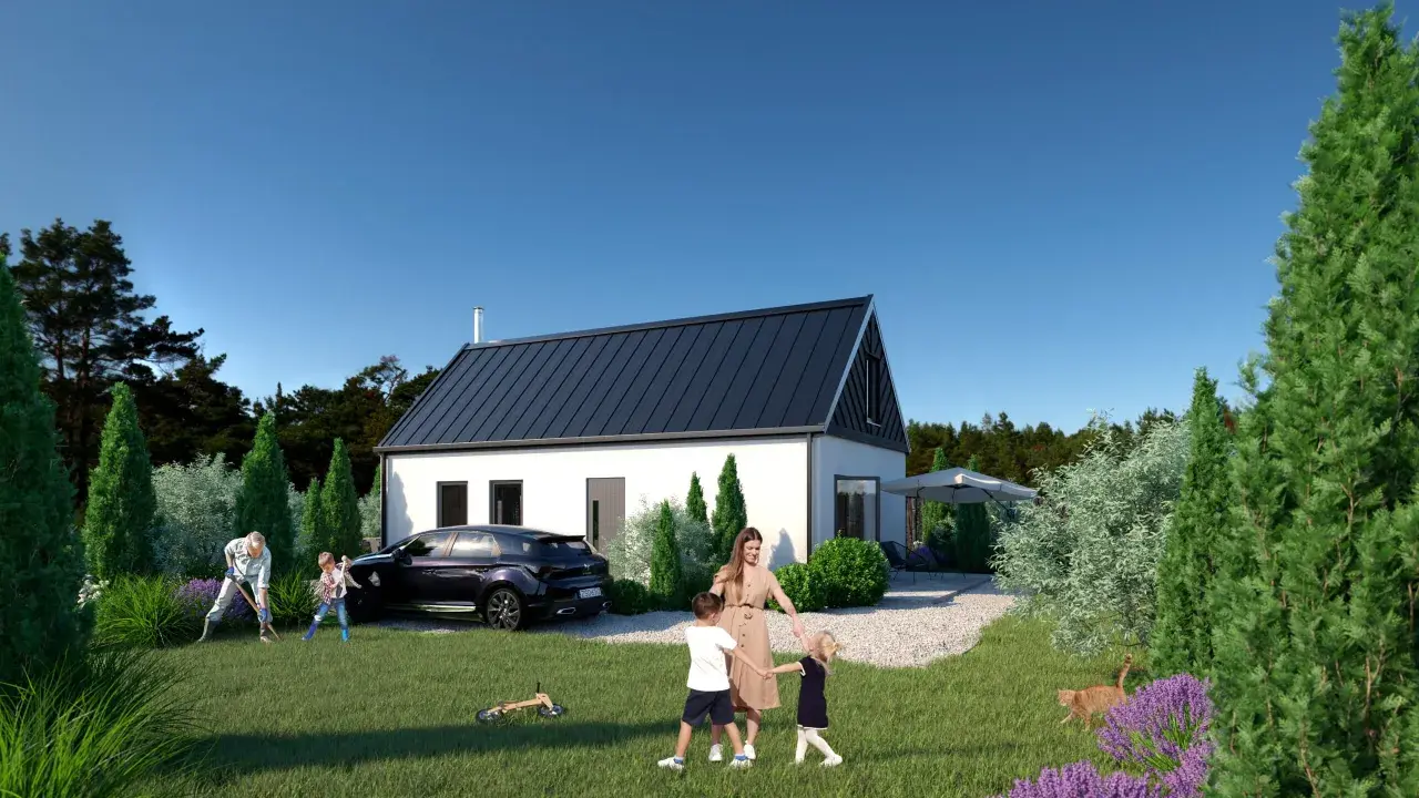 Rodzina cieszy się ogrodem przy nowoczesnym domu 70m2. Dzieci bawią się, dziadek pracuje, a kot spaceruje.
