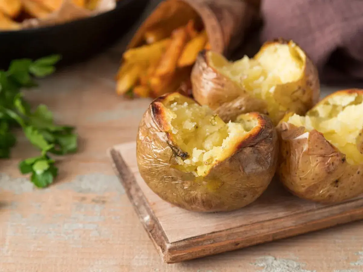 Patatas asadas al horno en papel albal, tiernas y doradas, listas para disfrutar.