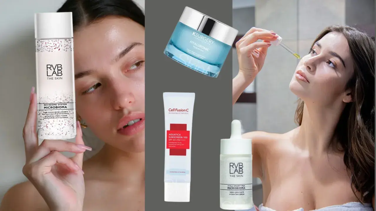 Kobieta stosuje kosmetyki do pielęgnacji, w tym serum i krem, które pomagają łagodzić **skórę reaktywną**.