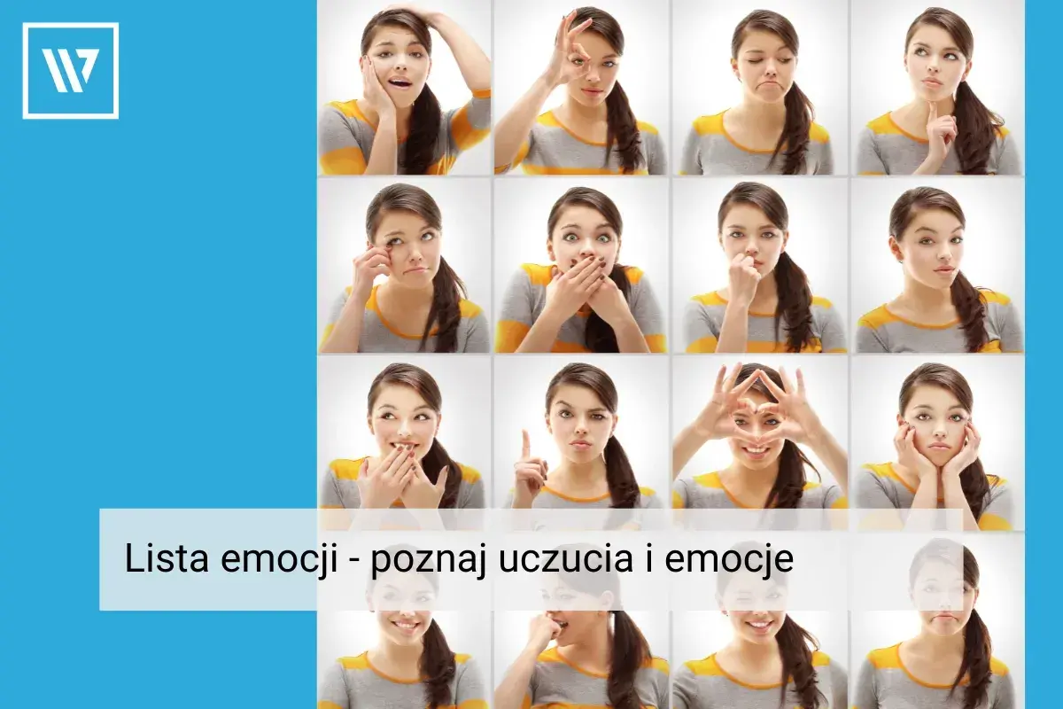 Siatka zdjęć młodej kobiety wyrażającej różne uczucia i emocje: radość, smutek, zdziwienie, złość.