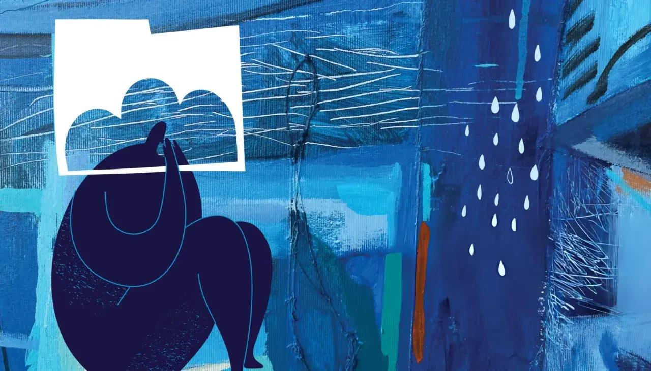 Figura blu rannicchiata, copre il volto con una nuvola bianca, simbolo di attacchi di ansia. Pioggia bianca cade su uno sfondo blu astratto.