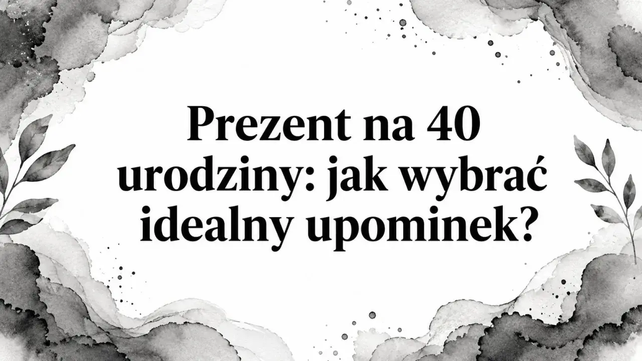 Prezent na 40 urodziny: jak wybrać idealny upominek? Tekst na tle akwarelowych plam i liści.