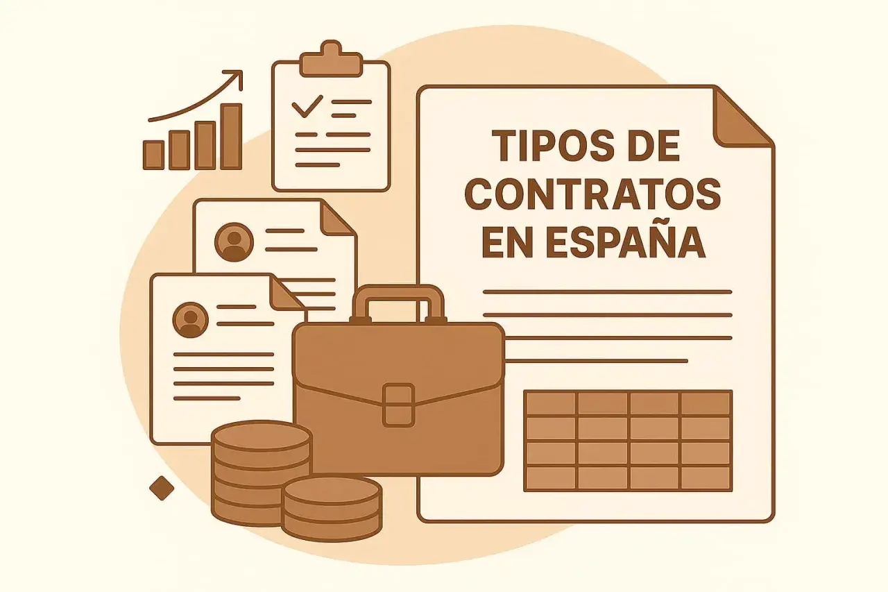 Documentos, maletín y monedas ilustran qué tipos de contratos hay en España, con gráficos de barras y listas.