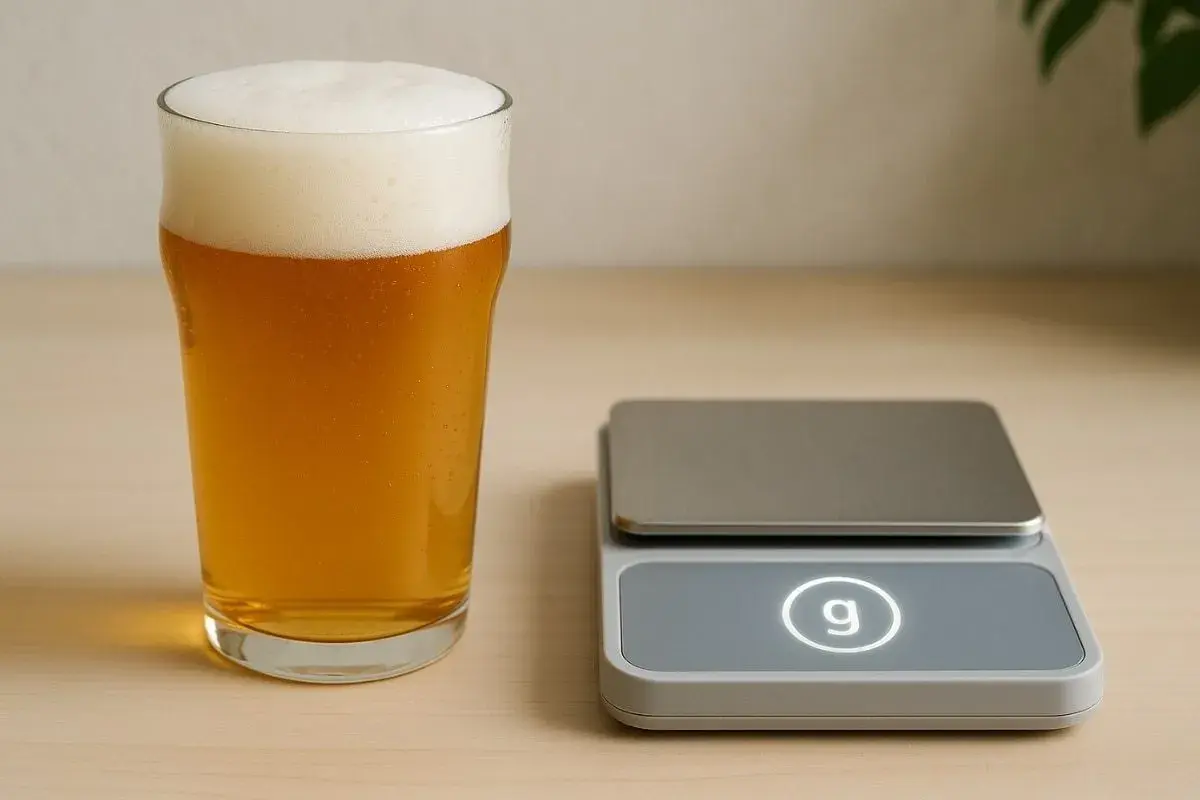 Un verre de bière ambrée avec une mousse épaisse à côté d'une balance numérique. La balance affiche le symbole "g", suggérant une mesure pour savoir 1 bière = combien de grammes d'alcool.