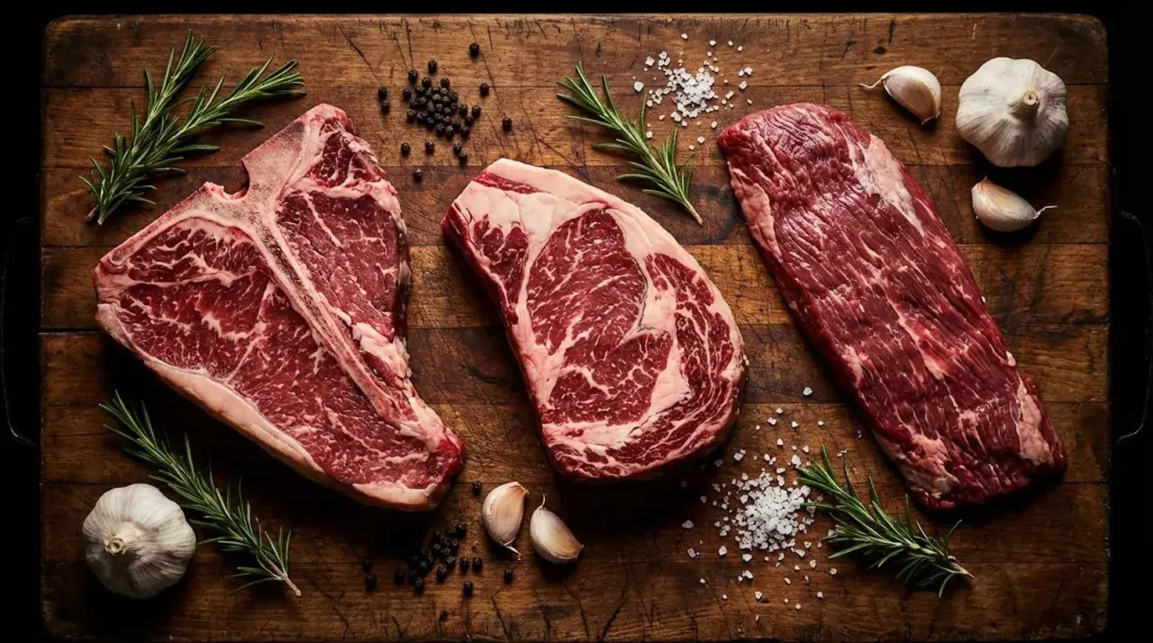Tre succulente costate di manzo, pepe, sale, aglio e rosmarino su un tagliere di legno rustico, pronte per essere cucinate.