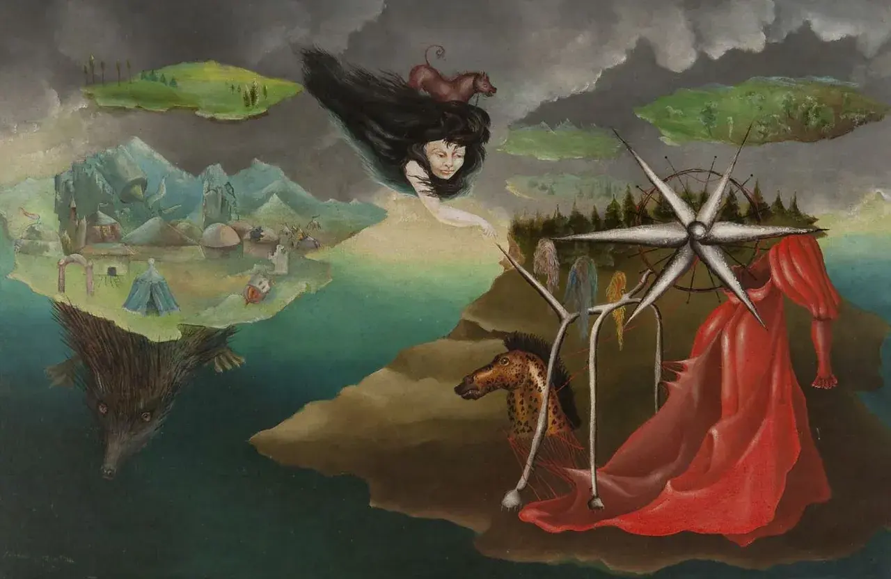 Paysage onirique d'artistes surréalistes : une tête de femme aux longs cheveux noirs flotte, un cheval tacheté, une robe rouge et une créature aquatique étrange.