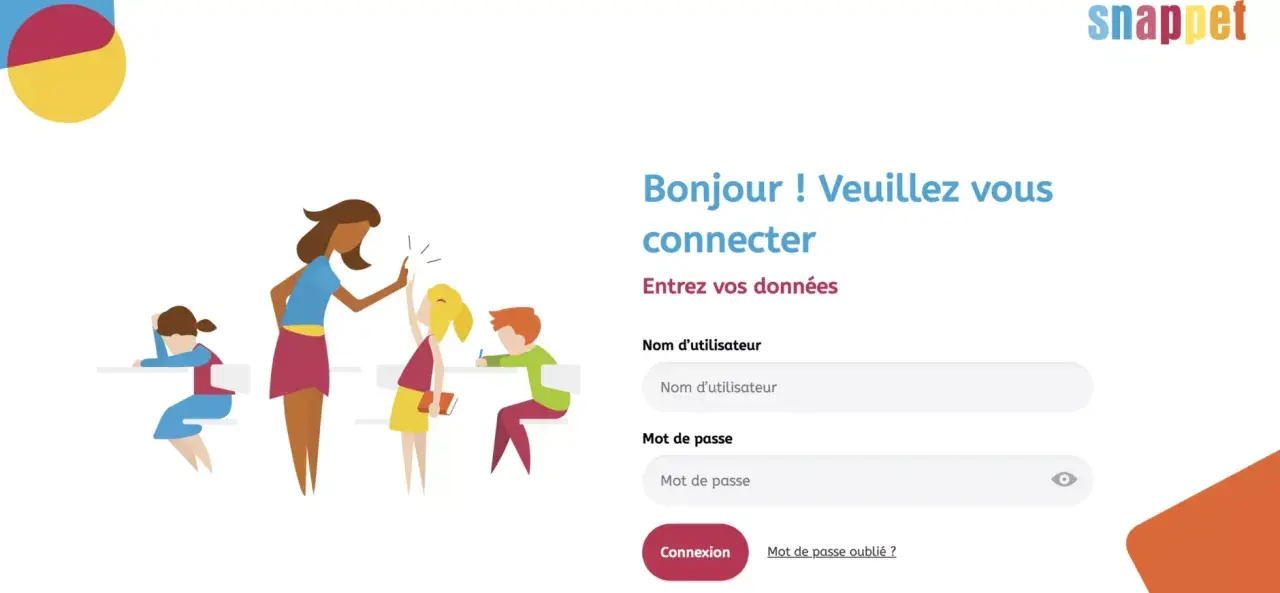 Page de connexion Snappet avec un formulaire demandant nom d'utilisateur et mot de passe. Des enfants et un enseignant sont représentés.