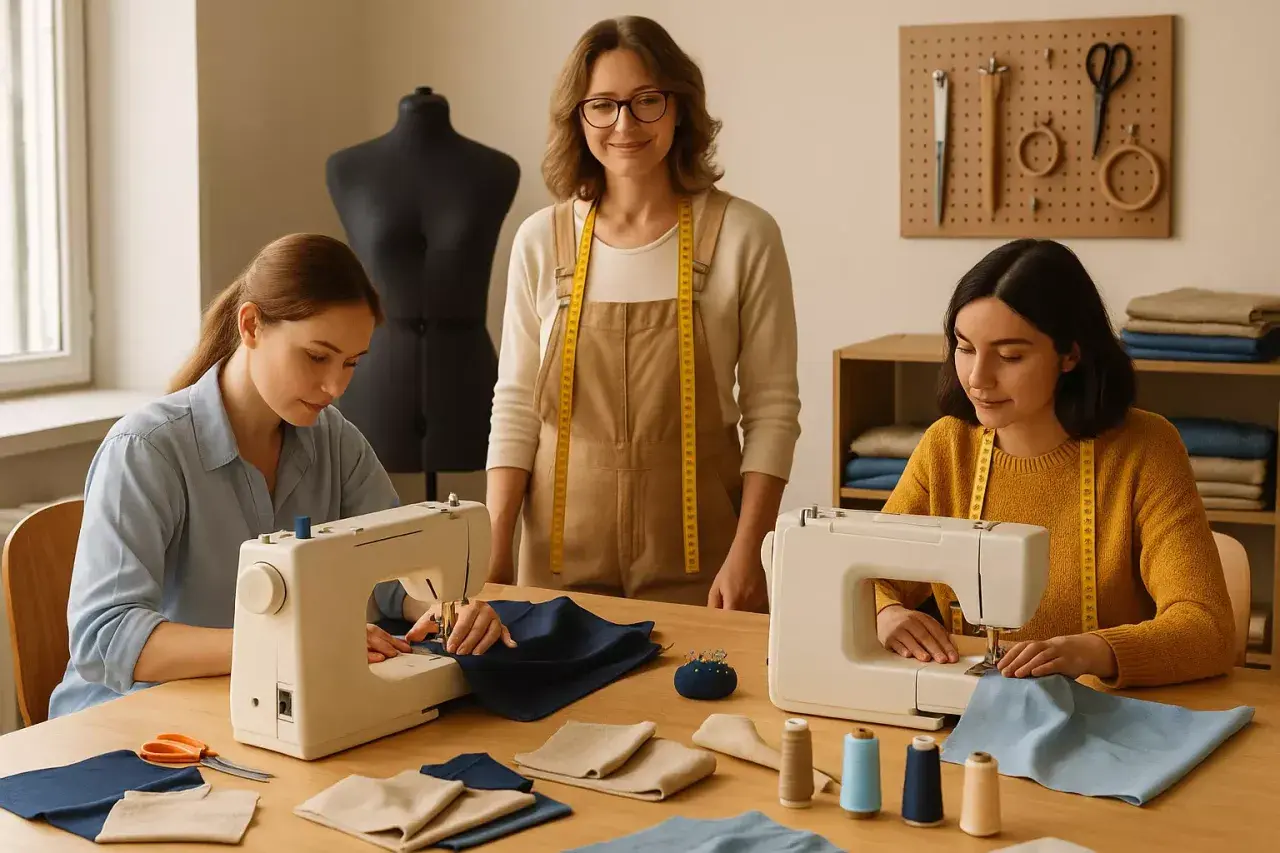 Trois femmes apprennent la couture dans un atelier. L'une d'elles, l'instructrice, sourit.