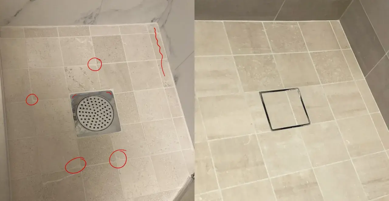 Före och efter bild på ett badrumsgolv där man ska byta golvbrunn. Den gamla brunnen är borttagen och en ny, modernare, är installerad.