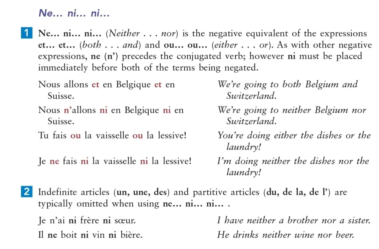 Lezione di francese su "ne... ni... ni..." (né... né...). Esempi: "Non faccio né i piatti né il bucato.