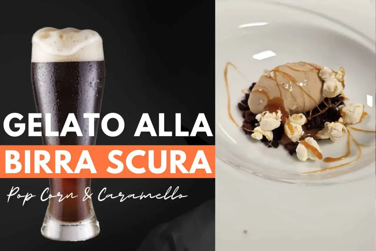 Un delizioso gelato alla birra scura, guarnito con popcorn croccanti e un filo di caramello, su un letto di briciole di cioccolato.