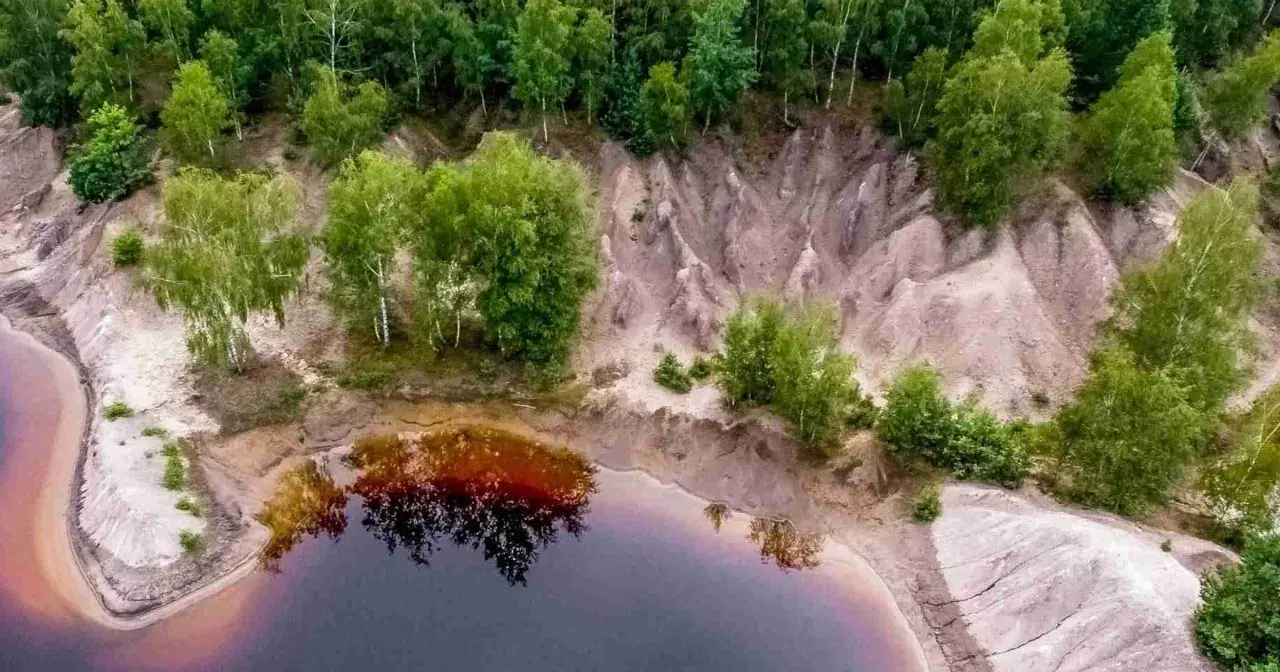 Widok z lotu ptaka na krajobraz przypominający łuk mużakowa z kosmosu, z wodą i drzewami.