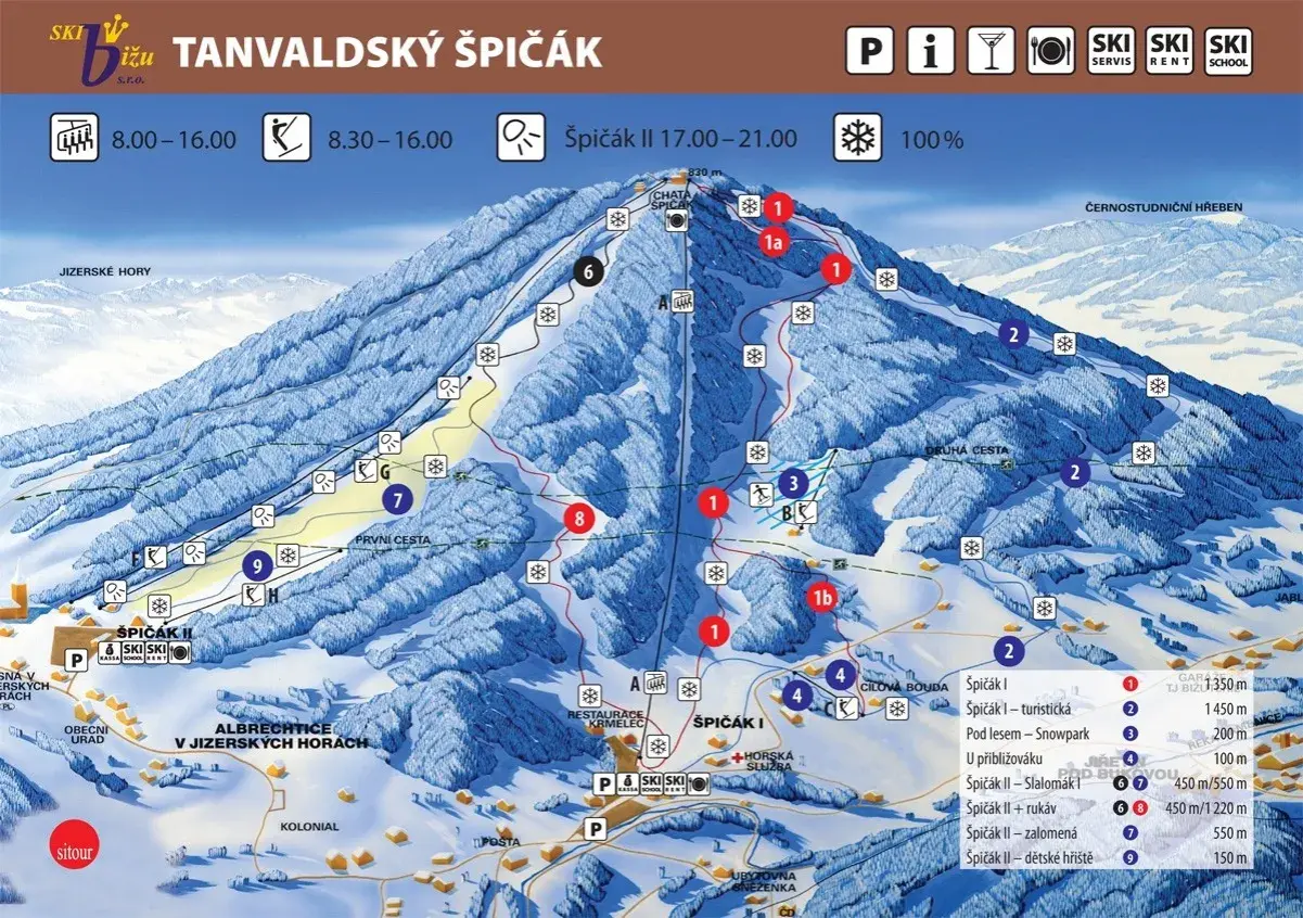 Skikarte des Spicak Skigebiet mit Pisten, Liften und Hütten. Die Karte zeigt die verschiedenen Schwierigkeitsgrade der Abfahrten.